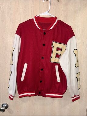 Kids Red & White Letterman Jacket with Patch Letter